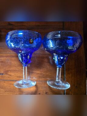Murano Margarita Glasses - Cobalt Blue With Millifore Flowers. Clear Stem .